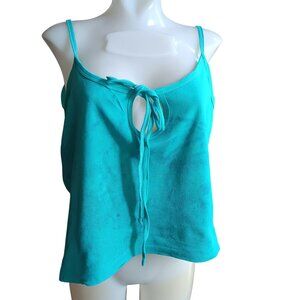 Large 1970's Single Stitch Turquoise Sleeveless Tie-Front Crop Top T-shirt